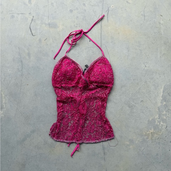 Passport Tops - Y2K pink beaded halter top